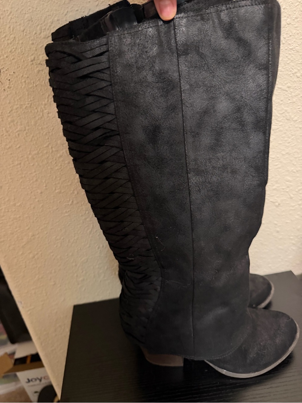 Fergalicious Black Knee-High Lace-Back Wedge Boots